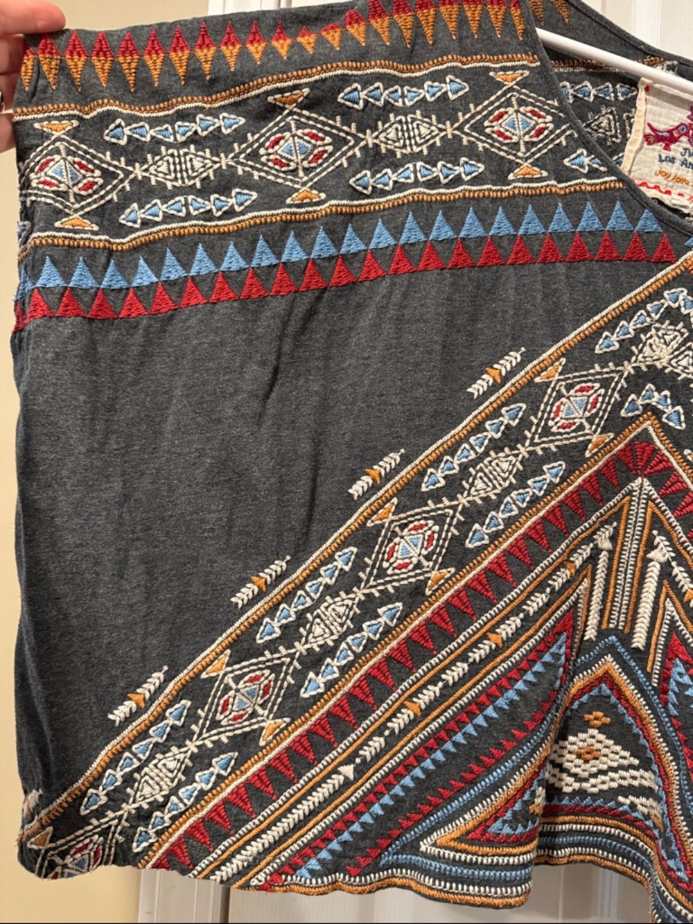 Johnny Was Short Sleeve Geometric Tribal Print Tee in Charcoal, Red, Blue, Gold - Picture 6 of 15
